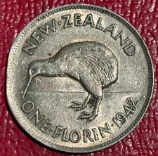 CLIPPED PLANCHETT XF 1942 NEW ZEALAND 1 FLORIN SILVER COIN-KING GEORGE VI-JUL010