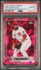 Marketplace image: Tony Santillan 2022 Topps Chrome Sapphire Padparadscha Card 1/1 #111 PSA 10