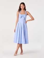 ASTR The Label Janae Pleated Halter Midi Dress Size Medium Blue Bow Wedding