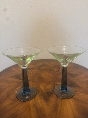 2 Martini Glasses By Bombay Saphire Blue &  Green Side Twist Stunning! Pristine