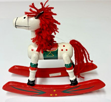 VINTAGE Hand Painted Wooden Rocking Horse w/Red Yarn Hair Christmas Ornament