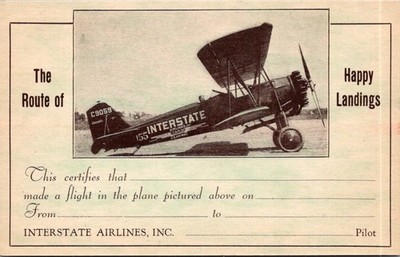 postcard The Rout4e of Interstate Airlines, Inc. Happy Landings Prop Plane C9059