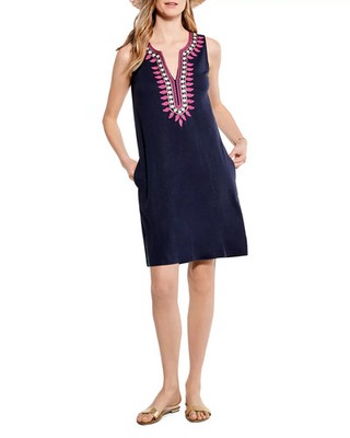 NIC+ZOE 'Summer Retreat' Navy Blue Embroidered Dress w/Pockets L $158 NWT!