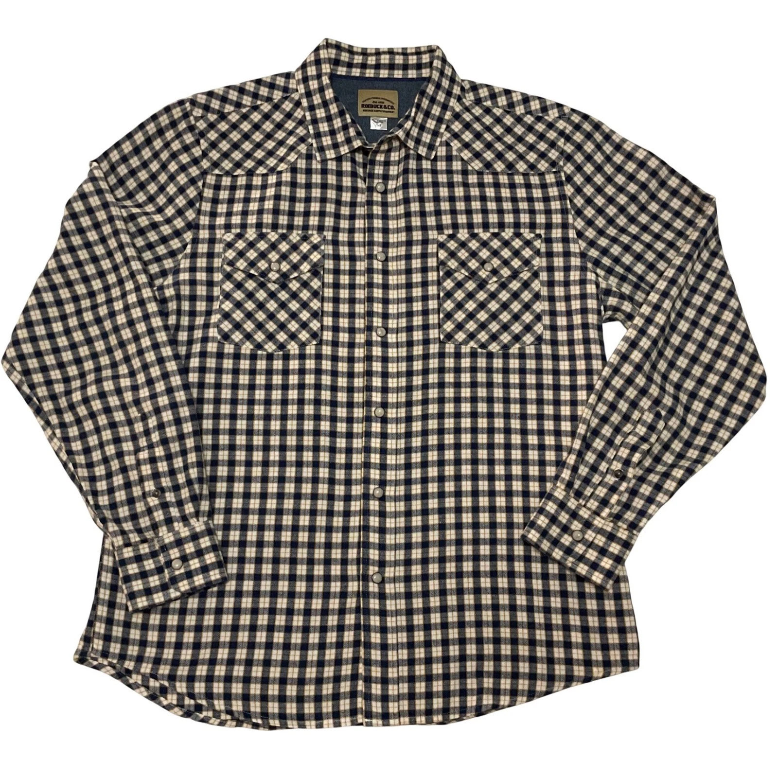 Roebuck & Co Mens Large Western Flannel Shirt Navy Blue Plaid Pearl Snap L/G VTG