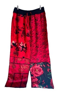 VTG Chico's Design 100% Slik Patchwork Pants Red Floral Paisley Asian Motif Sz 2