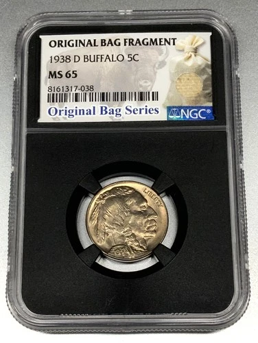 1938 D Buffalo Nickel, certified w/Original Bag Fragment, MS 65 by NGC! P264