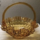 Vintage Fenton Colonial Amber Thumbprint Ruffled Glass Basket w/Applied Handle