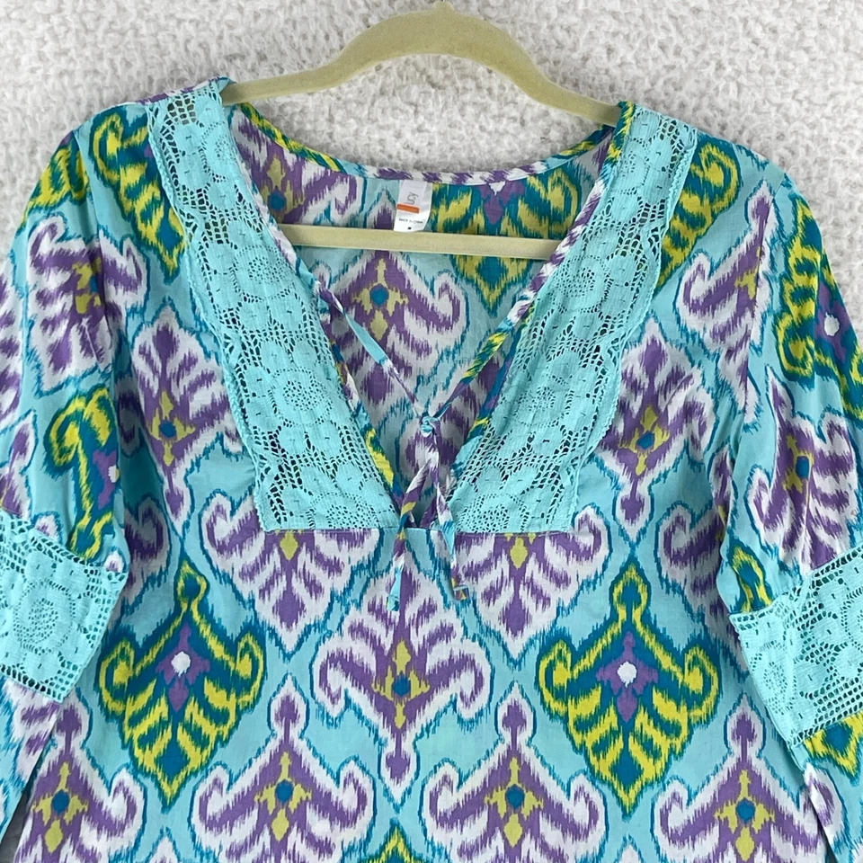 Camiseta túnica Lucy Activewear feminina média azul renda pulôver geo manga longa - Imagem 3 de 4