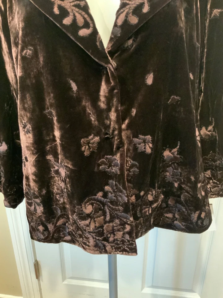 Chaqueta Elie Tahari Marrón Terciopelo Keren Floral Bordado Mezcla Seda Talla L, ¡NUEVA CON ETIQUETAS! Foto 3 de 4