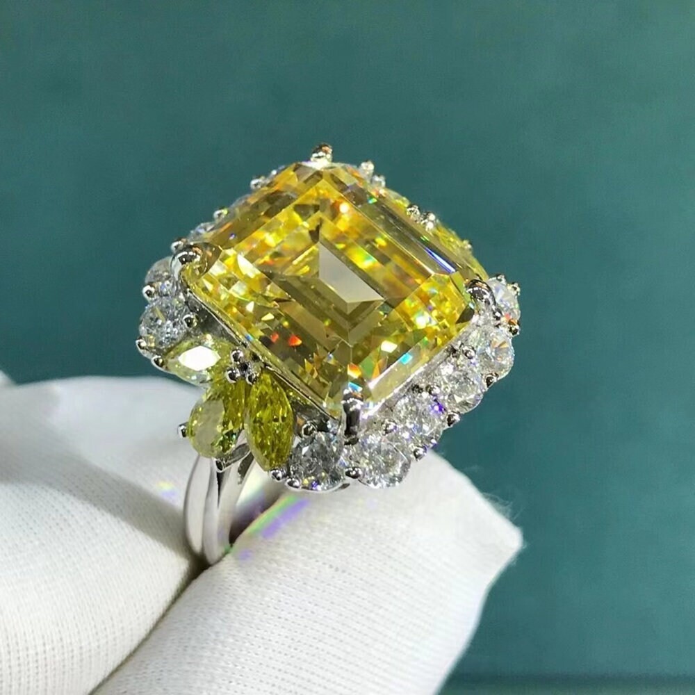 6 Carat Emerald Cut Vivid Yellow VVS Halo Plain Shank 14K Gold Moissanite Ring