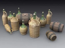 Royal Model 1/35 Various Wine Wicker Bottles Fiasco Glass Demijohn & Barrels 786