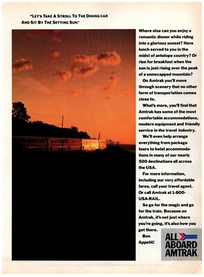1986 All Aboard Amtrak Rail Print Ad Dining Car Sit By Setting Sun Train Cars