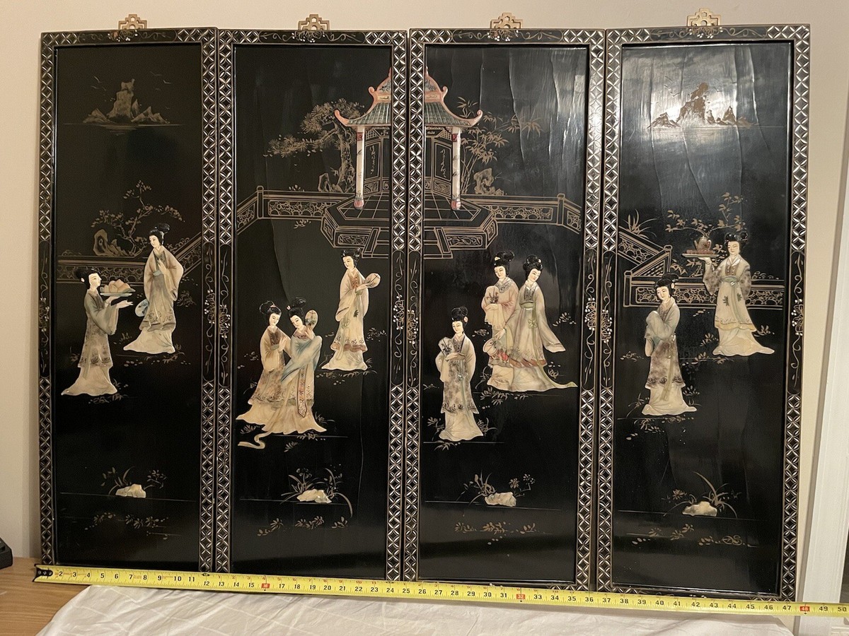 4 Vintage Asian Black Lacquer Mother of Pearl Wall Panels Art 
