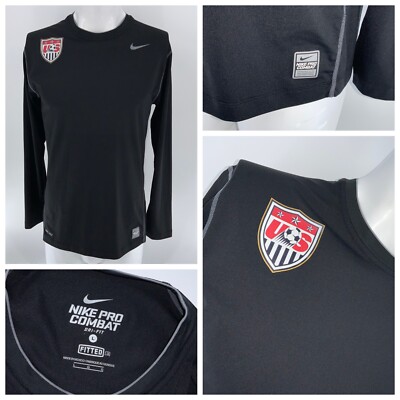 USA Soccer Nike Pro Combat Fitted LS Shirt L Men Black Poly Dri-Fit YGI N4-124