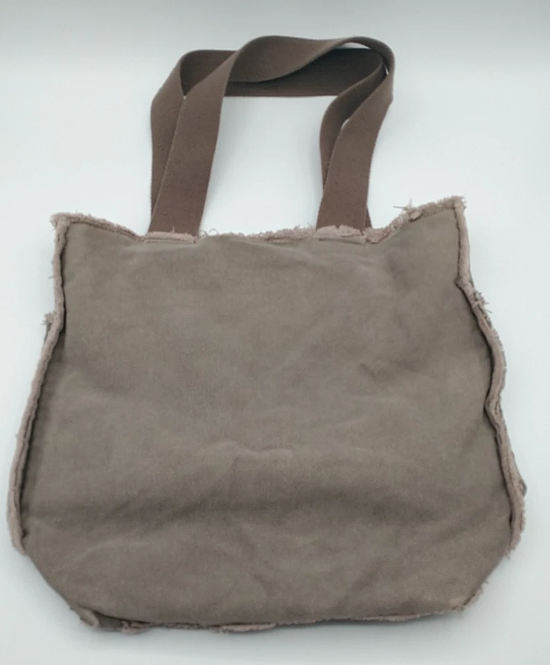 Bolso de Mano Life is Good de Lona Grande Marrón Corazón Bordado Bolsillo Interior Foto 3 de 4