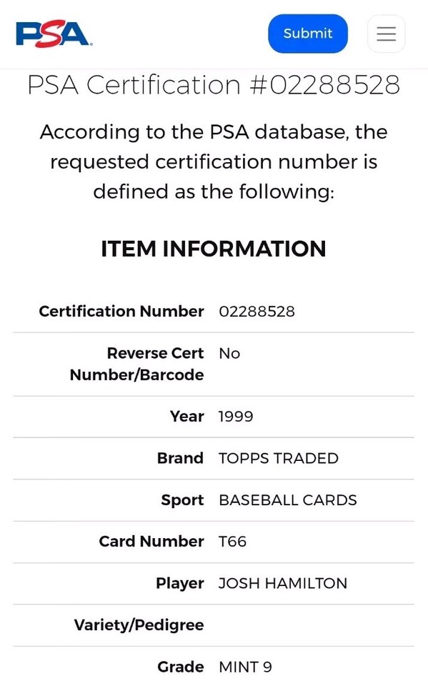1999 Topps Traded T66 Josh Hamilton RC Tampa Devil Rays graded PSA 9