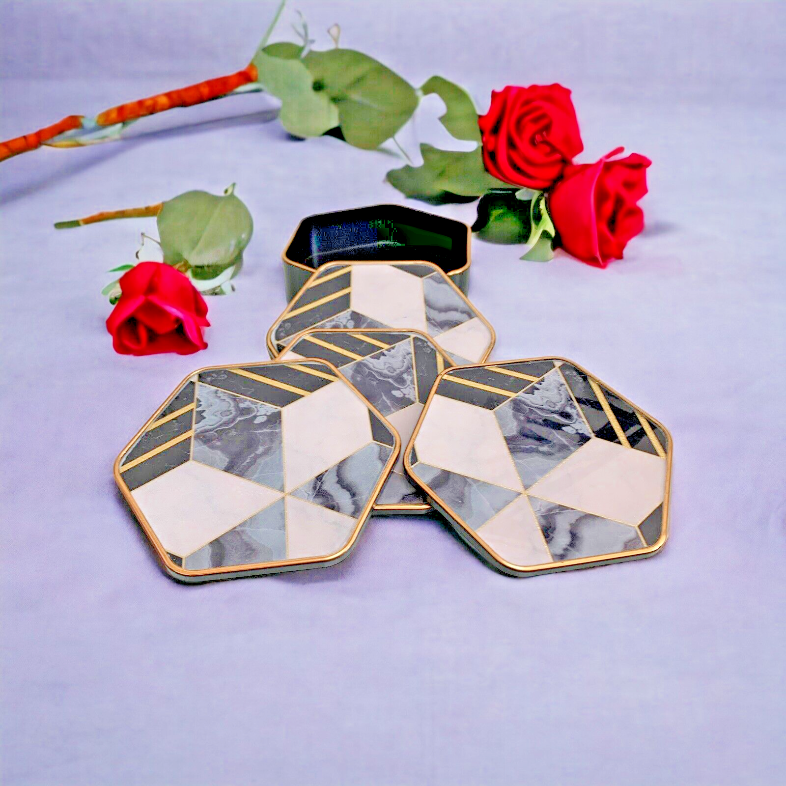 4 x Hexagonal Coaster Glass Gold Rim Blue White Black Diamond  Home Décor  MT54G