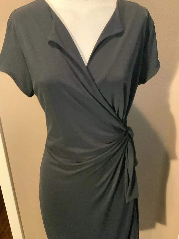 New York & Company XL Black Short Sleeve Attached Wrap V Neck Dress - Image 2 of 4