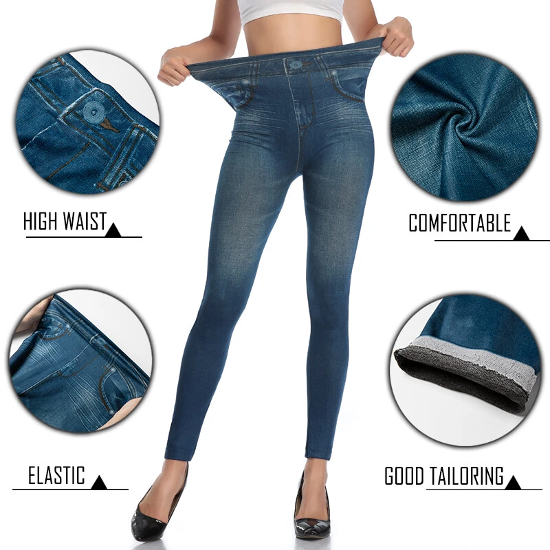 High Waist Women Faux Denim Stretchy Jeans Leggings Slim Pencil Trousers Pants - Image 3 of 4