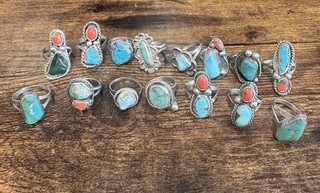 Lot of 15 Southwestern American Sterling Silver Turquoise Coral Rings Vintage