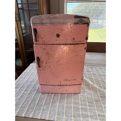 Vintage 50's Wolverine Toy Kitchen Fridge Appliance Pink Tin Metal
