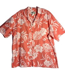KY’S Vintage Mens XL Hawaiian Shirt-Orange &White Floral -Cotton-Made In USA