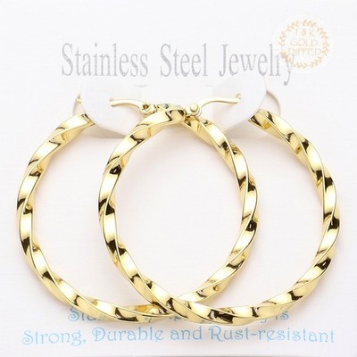 NEW TWISTED 18K GOLD DIPPED ROUND HOOP  EARRINGS STAINLESS STEEL  1.9''