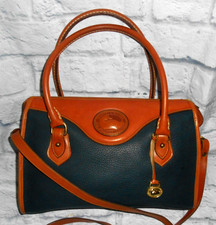 VINTAGE Dooney  Bourke NAVY  TAN pebble AWL Leather R721 SATCHEL det. strap