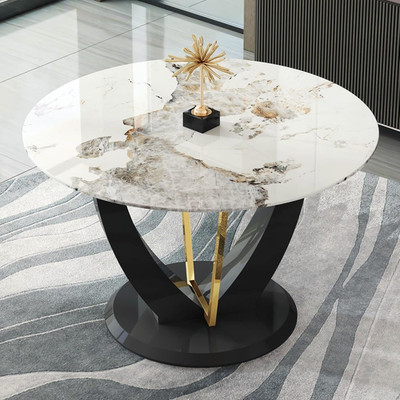 42'' round Dining Table for 4-6, Modern Faux Marble Kitchen Tabletop with Black W