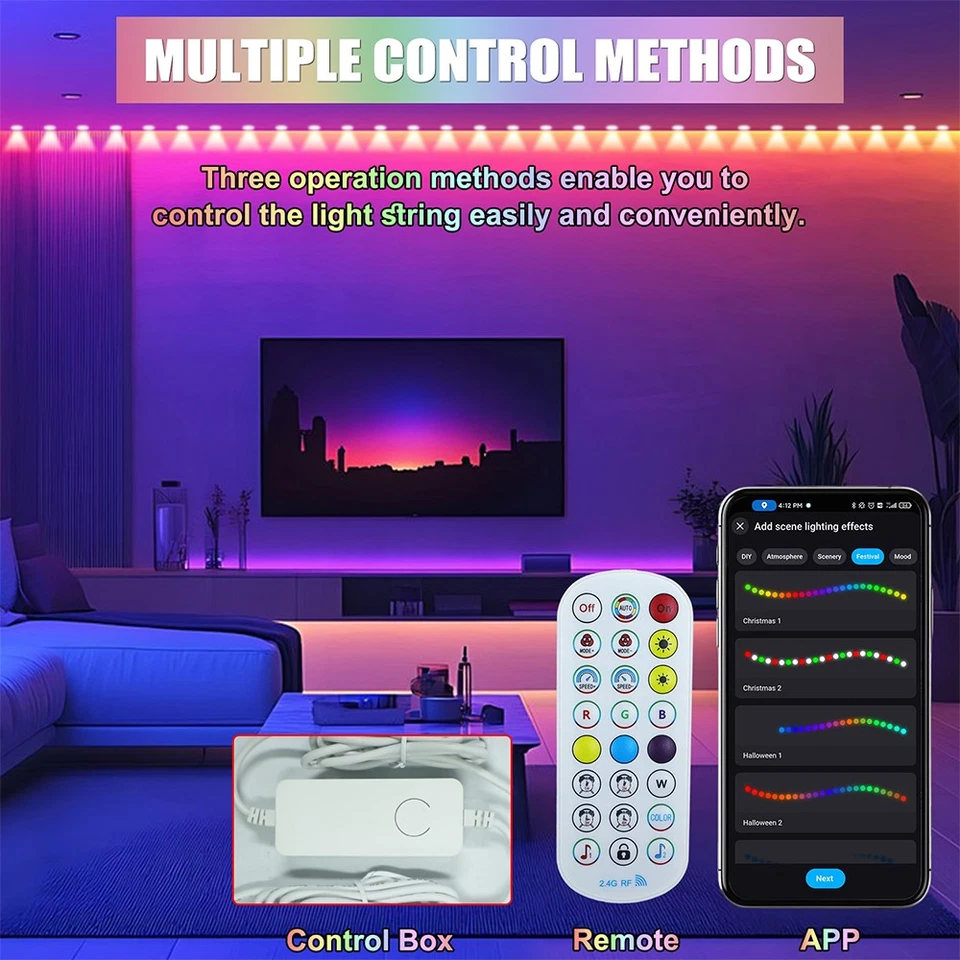Permanent Outdoor Lights Christmas Waterproof Eaves RGB LED Remote & APP Control - Image 3 of 4