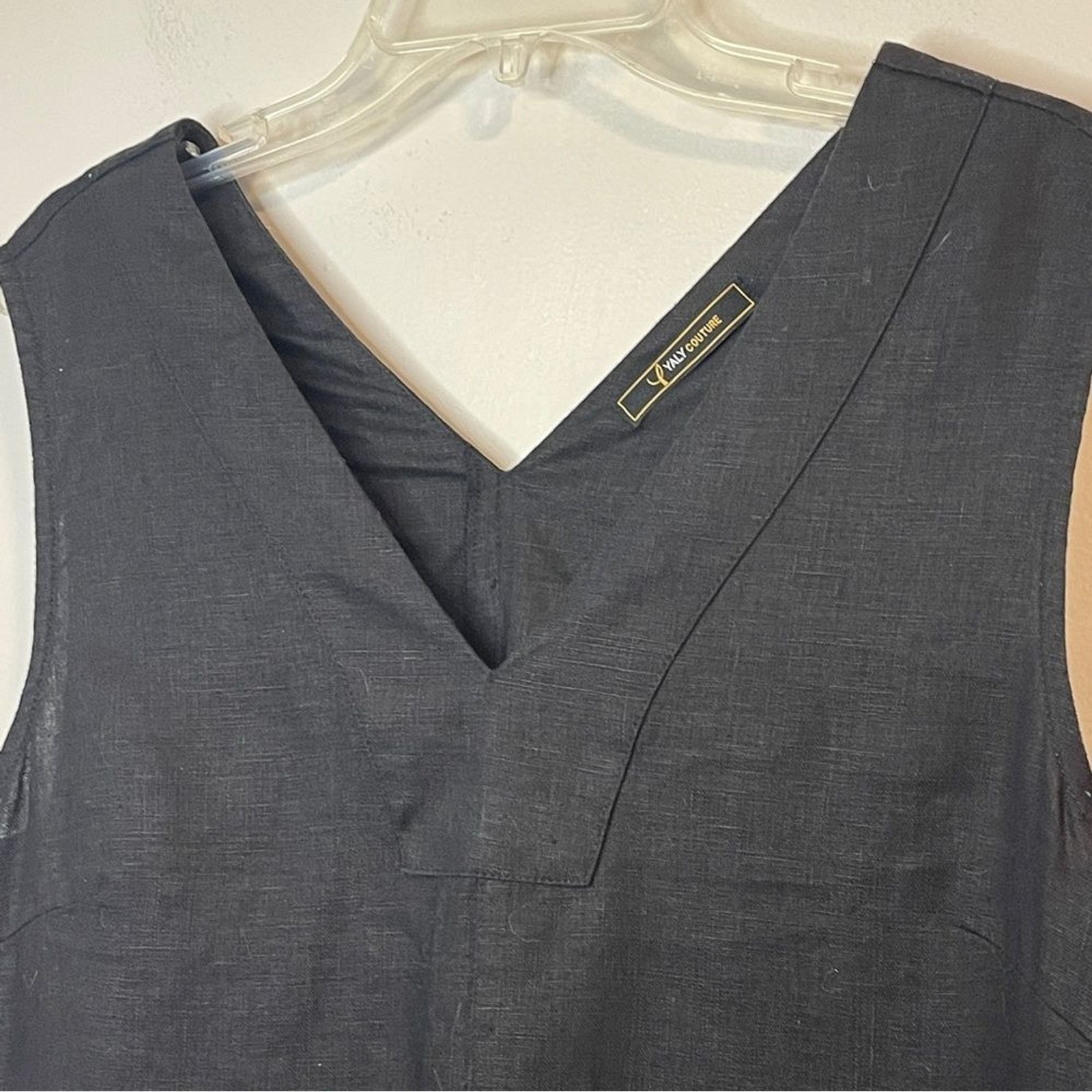 Yaly Couture V-Neck Black Linen Sleeveless Midi Dress image 3