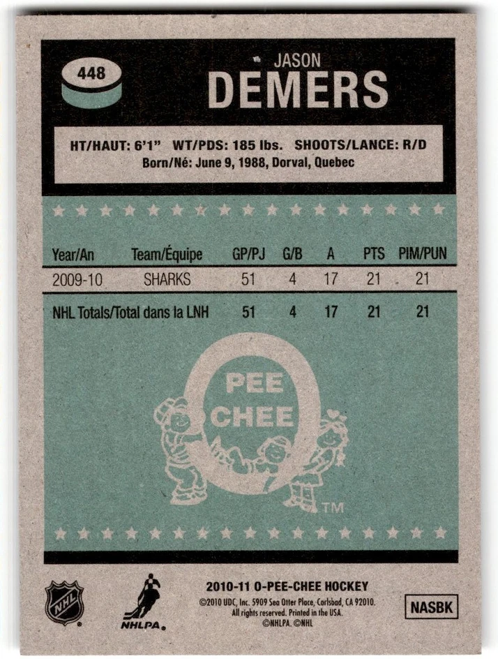 Jason Demers 2010-11 O-Pee-Chee Retro #448 San Jose Sharks - Image 2 of 2
