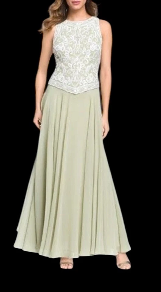 Vestido J Kara con cuentas para mujer talla 14 verde y blanco con cuentas corpiño bufanda sin mangas Foto 3 de 4