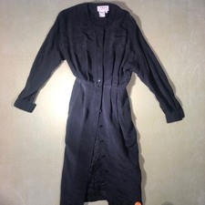 Talbots Button Down Dress Women 2P Black 100% Silk Long Sleeve Midi Petite