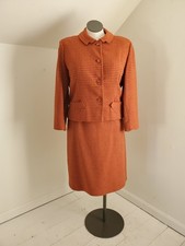 60s Vtg Two Tone Retro Orange Wool Houndstooth Skirt Suit Set Size L
