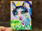 Original Painting ACEO colorful cat, tuxedo cat, black and white cat, small art — photo 2