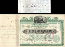 Issuesd to and Signed by Samuel Clemens aka Mark Twain - 1886 dated Beech Cree
