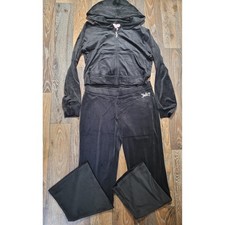 Juicy Couture Black Velour Tracksuit Set Rhinestone Zip Hoodie Flare Pants L NWT