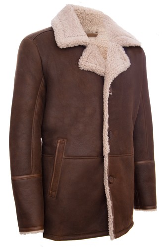 Mens Brown German Classic Real Sheepskin Shearling Leather Jacket Coat - Picture 2 of 5