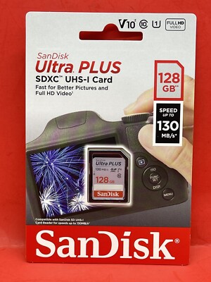 130 MB/s SanDisk Ultra PLUS 128GB SD Memory Card SDXC UHS-I V 10 CLASS HD VIDEO