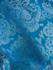 Turquoise Blue  Silver Damask Paisley - Faux Silk Brocade Jacquard Fabric