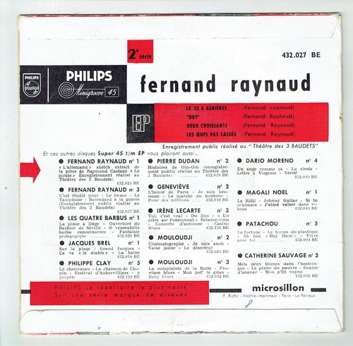 Fernand RAYNAUD 45T EP LE 22 A ASNIERES -2 CROISSANTS -LES OEUFS -PHILIPS 432027 - Imagen 3 de 3