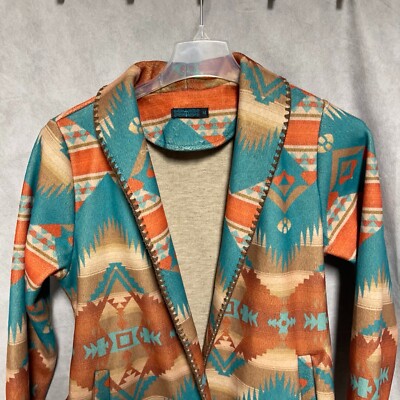 Women Cardigan Jacket M Teal Flannel Aztec Southwestern Open Tribal Belt Shawl