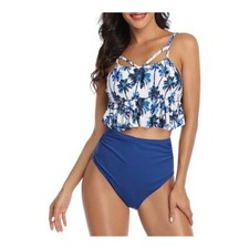 TROPICAL HIGH WAISTED BLUE BIKINI SWIMSUIT 2 PIECE STRAPPY SIZE MEDIUM NWT