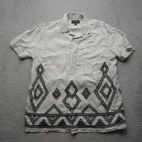 Banana Republic Shirt Mens L Linen White Black Geometric Embroidered Boho Tribal