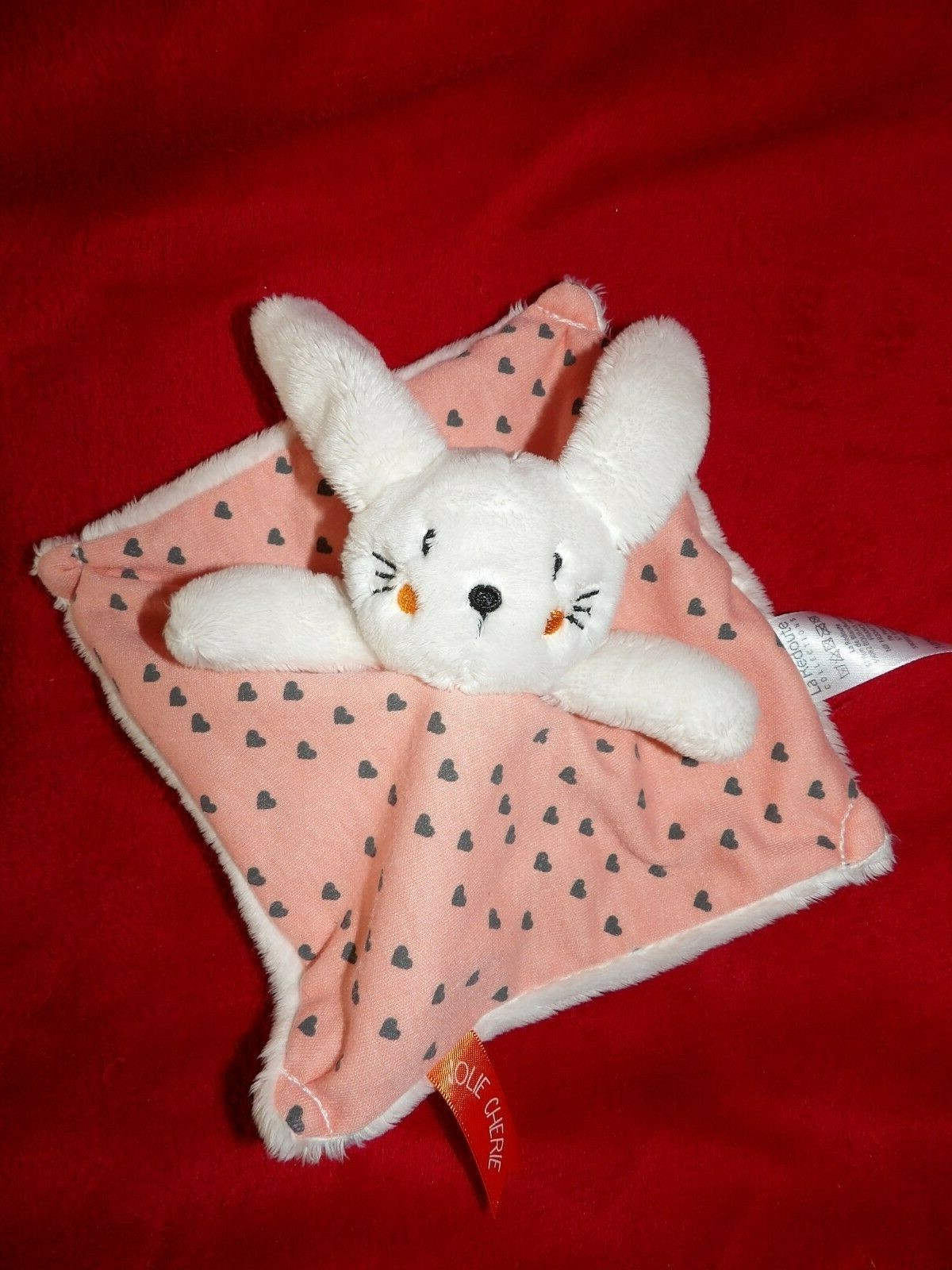 Doudou plat lapin La Redoute rose blanc coeur gris Jolie Chérie peluche naissance bébé