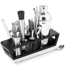 Bar Tool Set 14 Pc with Stylish Bamboo Stand Home Bartending Kit Cocktail Shaker