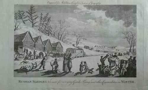 Transport, Schlitten, Baumschulen und Felle, Winter Russland / Radierung Middleton 1790  - Bild 1 von 3