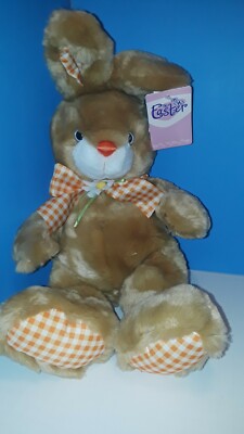 Adorable Gold Easter Bunny Plush 20'' Stuffed Animal Checkered Feet, Hands, Ears