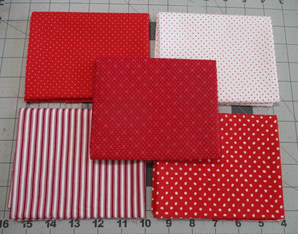 Lote de 5 cuartos de grasa rojo, blanco geométrico miniatura algodón tela acolchada rojo, Foto 2 de 2